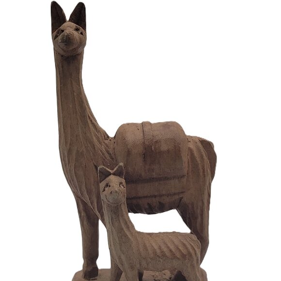 Llama, Llama Animal Hand Carved Wood Figurine Mom & Baby Brown Color Folk Art - Picture 1 of 9